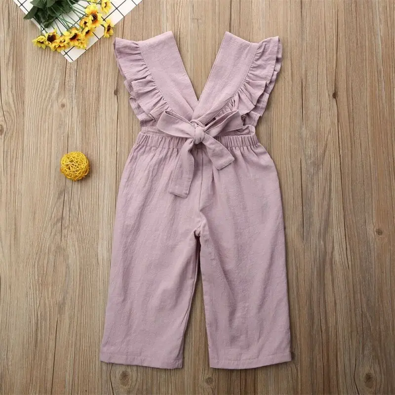 lioraitiin 1-6 Years Toddler Kid Baby Girls Frills Romper Solid Cotton Sleeveless V-Neck Jumpsuit Playsuit Outfit