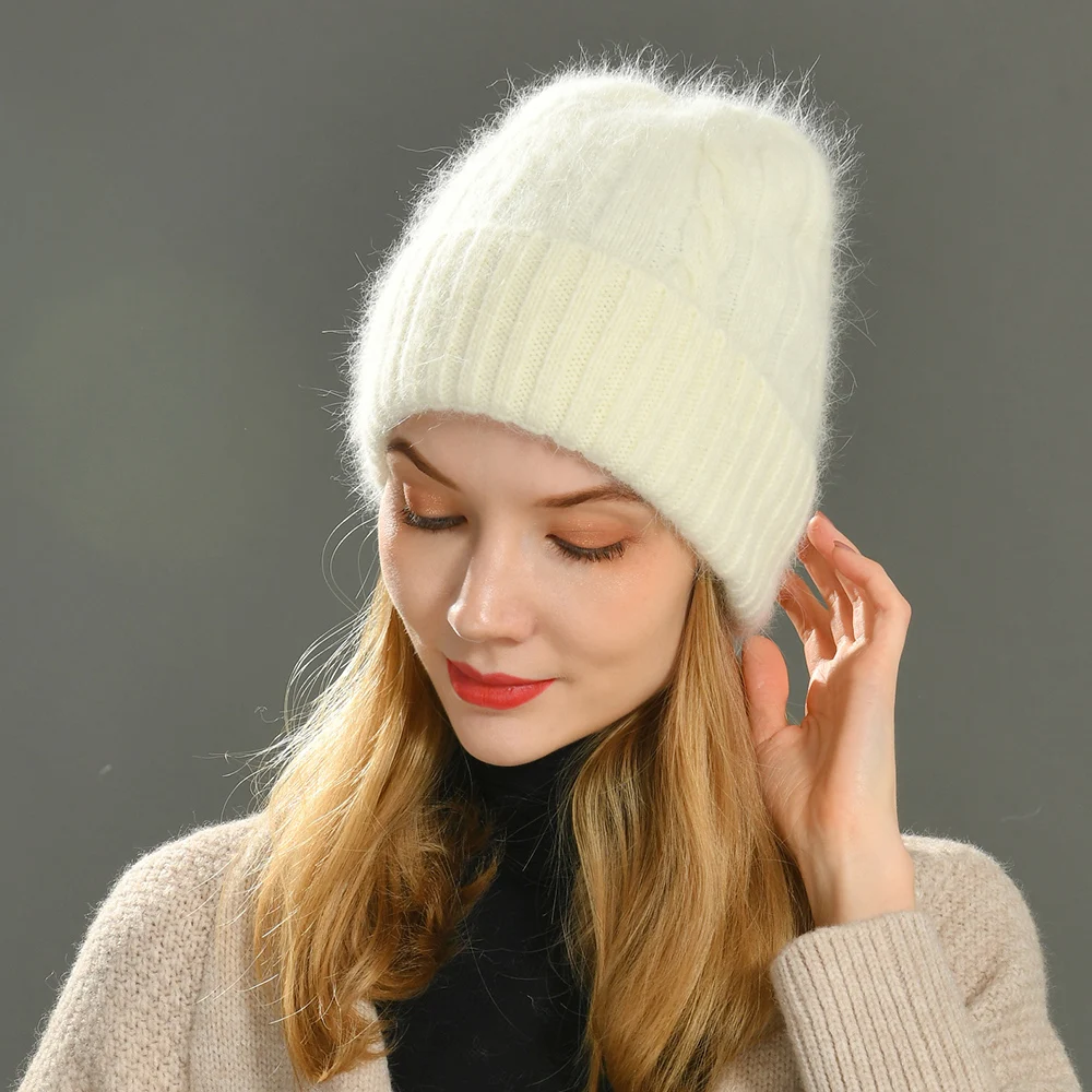 Jxwatcher Women\'s Cashmere Blend Winter Hat Long Fur Thick Warm Soft Wool Knitted Hats Ladies Skullies Beanies Hats Wholesale