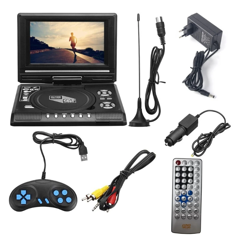 H052 Portable DVD Player 7'' Screen w/ AV Cable TV Projector Function Support USB Flash Drive SD Card Support AV-in/Out