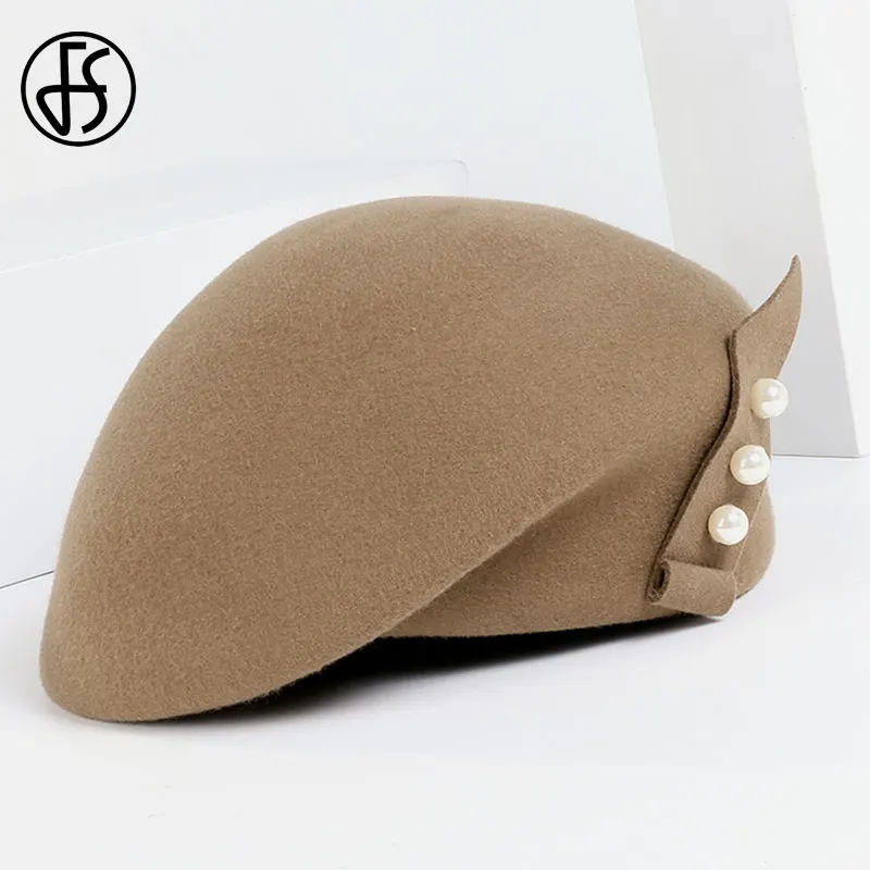 FS Women Hat Elegant Winter 100% Wool Felt Fedora Black Camel Ladies Hats For Wedding Fascinators Pearls Berets Caps Pillbox Hat