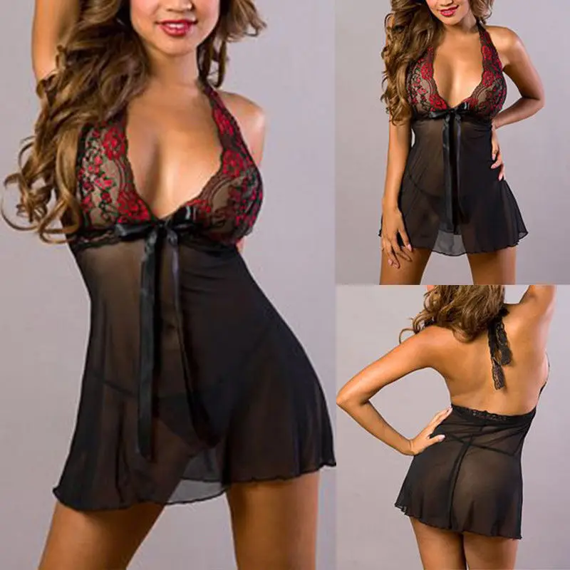 New Hot Sale Women sexy Plus Size halter Lace  G-string Nightwear Underwear Erotic  BabyDoll Dress