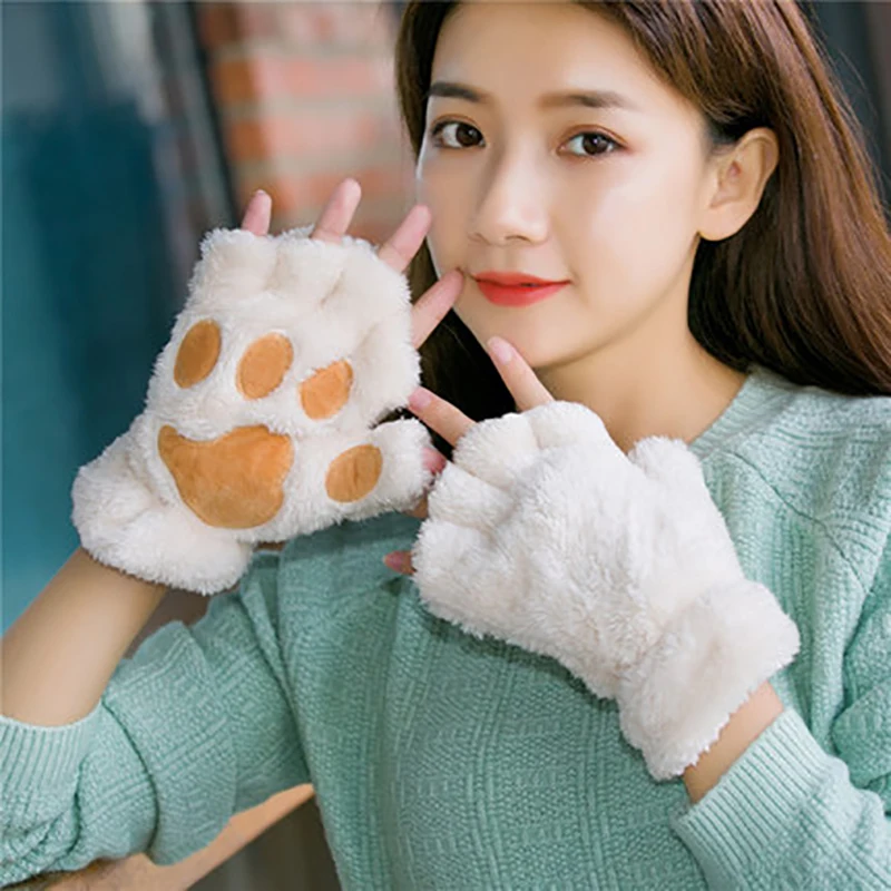 Women Bear Plush Cat Paw Claw Gloves Winter Faux Fur Cute Kitten Fingerless Mittens Gloves Christmas Halloween for Womens Girls