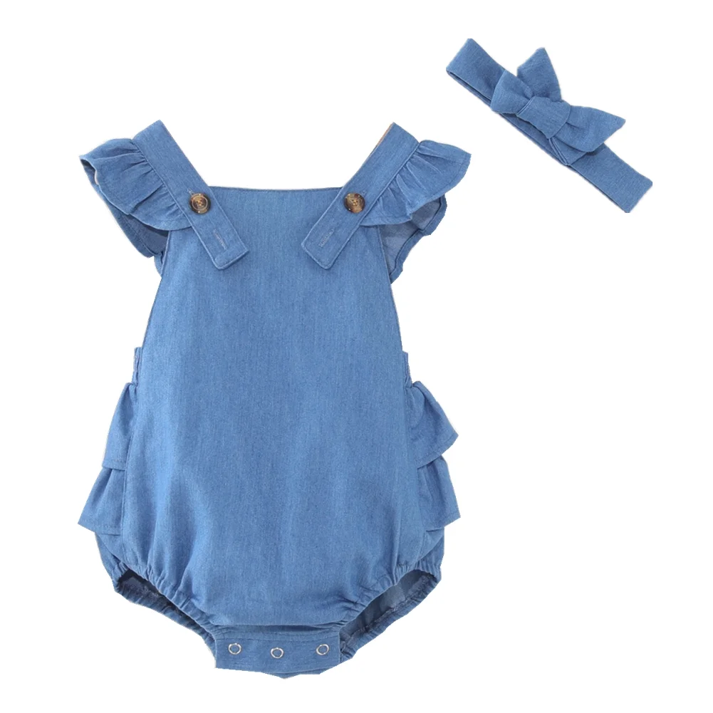 Cute Baby Girl Blue Denim Jumpsuit  Cotton Little Girls Ruffled Romper with Headband