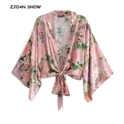 BOHO damska artystyczna koszula z nadruk żurawia w kwiaty Kimono rękaw w kształcie skrzydła nietoperza dekolt w serek z wiązaniem w kokardę bluzka kardigan Femme bluza