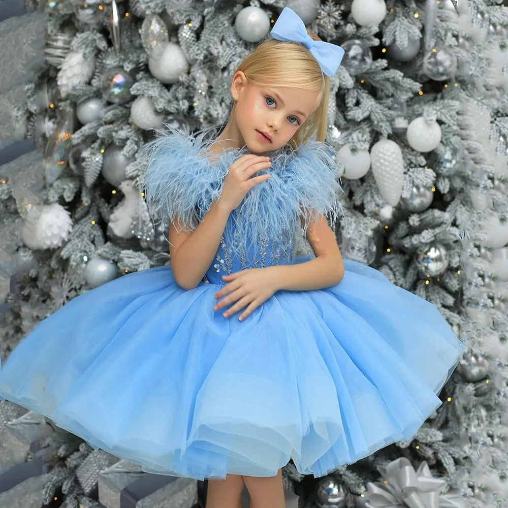 Vestido de flores azul cielo para niña, plumas personalizadas, cuentas, lentejuelas, vestidos de fiesta para niños, vestido de baile, desfile para Navidad