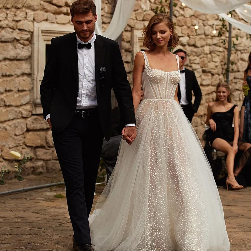 Vestido de novia romántico de tul con lunares, traje de novia Sexy con tirantes, corpiño sin tirantes, vestidos de boda campestre, 2021