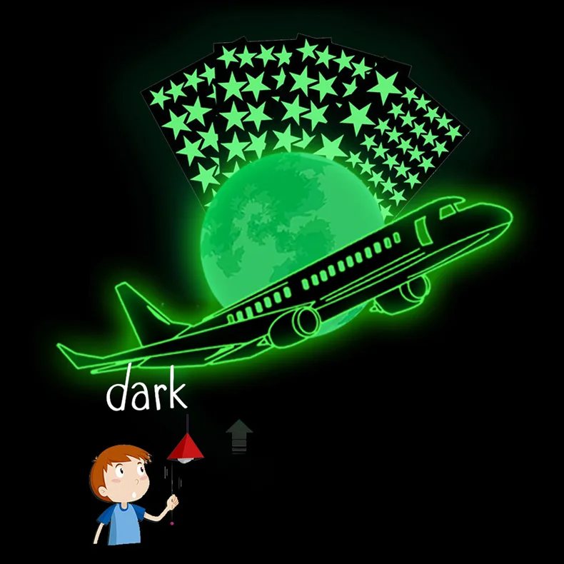 Flugzeug-Sterne-Mond-Leuchtwandaufkleber für Schlafzimmer, Wohnzimmer, Kinderzimmer, Heimdekoration, im Dunkeln leuchtende Kombinations-Tapeten – Detail 7