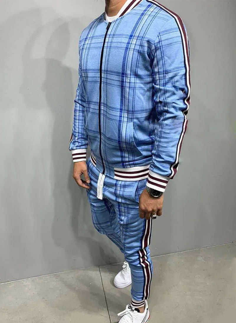 New Gentlemen Tracksuit Men Fashion Sporting Suit Men Sets Brand Plaid Zipper Sweatshirt+Sweatpants Mens Clothing 2 Pieces Sets