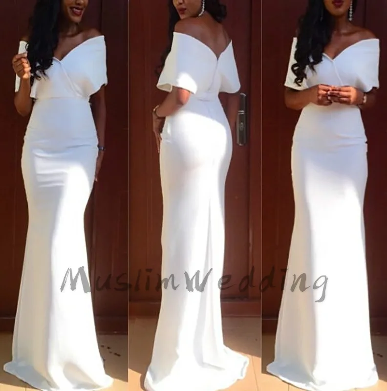 

Simple White Mermaid Prom Dress Off The Shoulder African Black Girl Prom Dress Cheap Long Evening Dress Strech Satin Party Wear