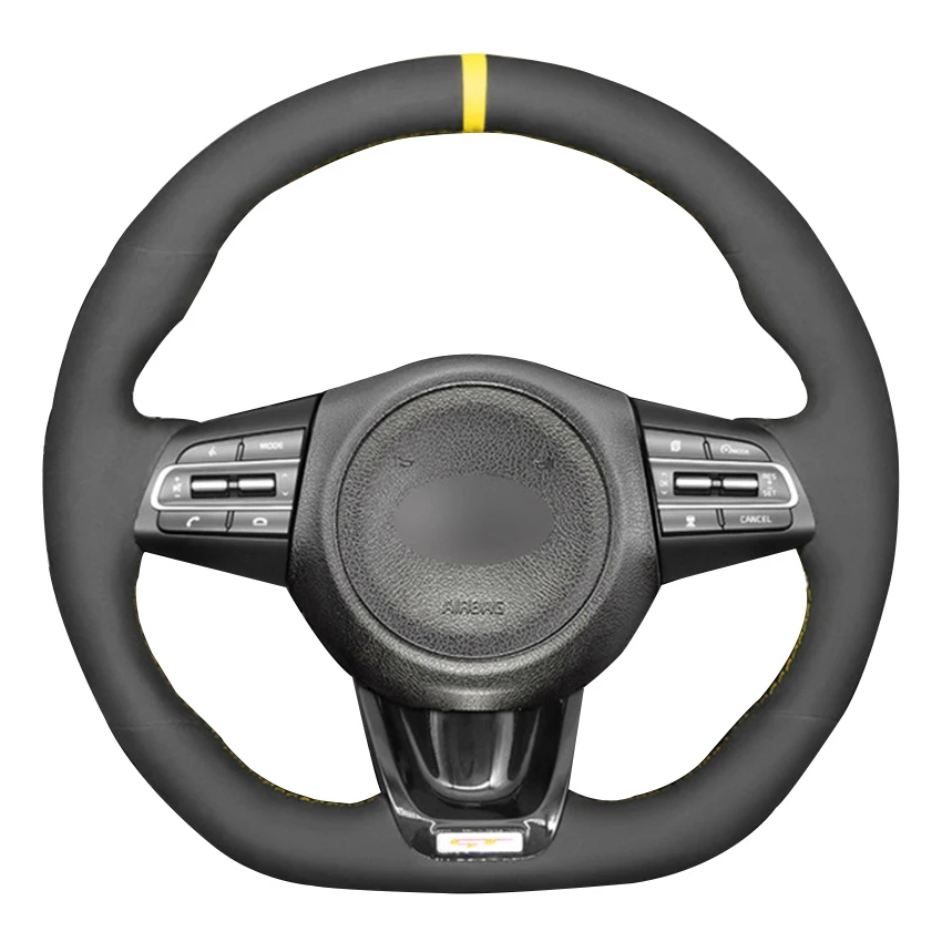 Hand-stitched Black Suede Yellow Marker Car Steering Wheel Cover for Kia Stinger 2017 2018 2019 2020