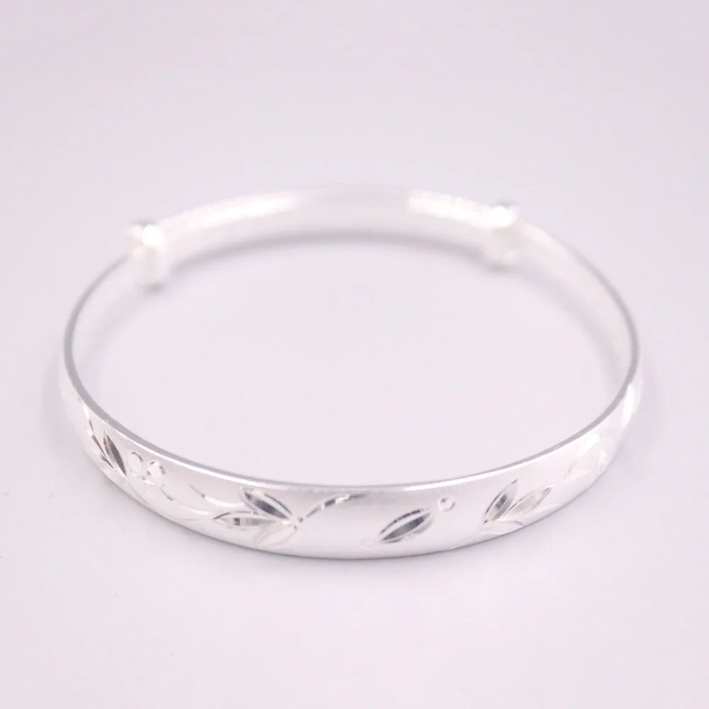 

Fine Pure S999 Sterling Silver Bangle Women 8mmW Flower Figure Bracelet 55-60mm 20-21g