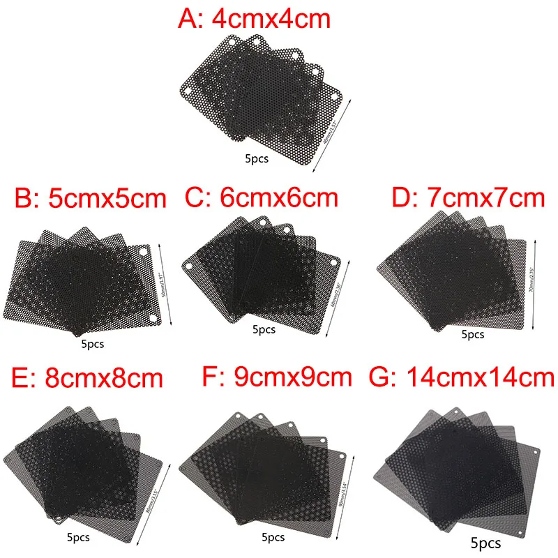 5PCS PVC Fan Dust Filter PC Dustproof Case Cuttable Computer Mesh Cover 40mm 50mm 60mm 70mm 80mm 90mm 140mm Mesh Black