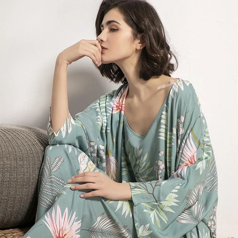 2024 Spring & Autumn Cartoon Sunflower Printed Women Sleepwear Light Blue Cotton Satin Pajamas Set Ladies Loose Thin Homewear