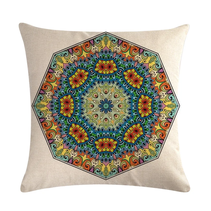 Paint Cushion Cover 45x45cm Boho Decoration Vintage Mandala Round Printed Flax Fluffy Pillowcase Ethnic Garden Rattan Chair