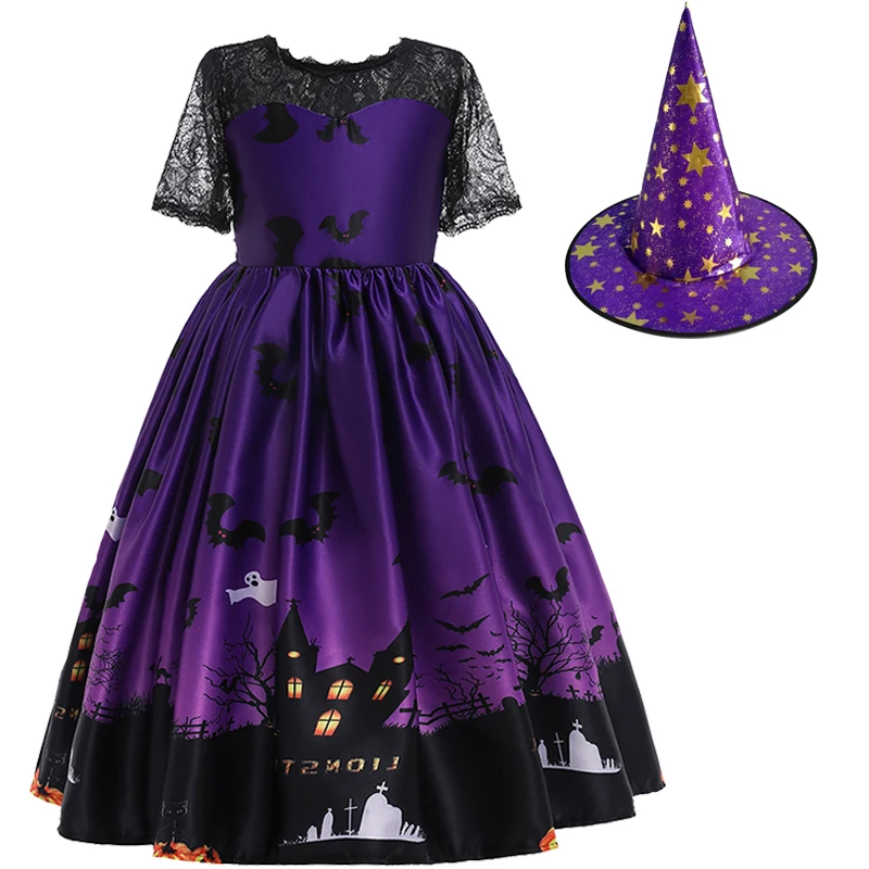 2024 New Halloween Pattern Girls Dress Kids Carnival Party Costume Pumpkin Witch Cosplay Princess Dress 5 6 7 8 9 10 11 12 Year