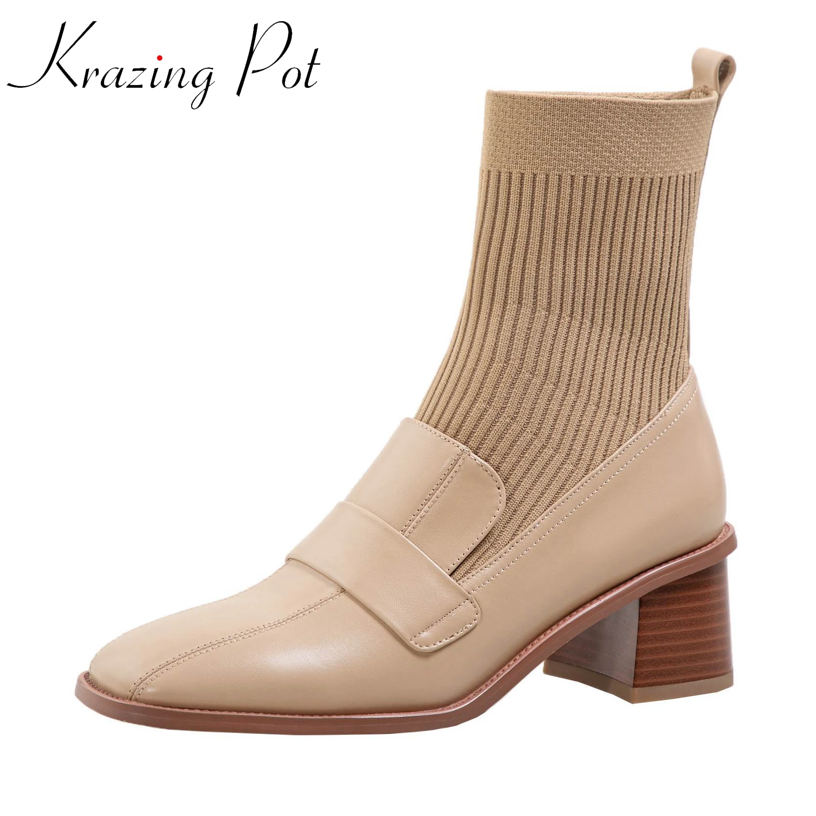 

Krazing Pot Genuine Leather Square Toe Med Heels Concise Thick High Heels Model Wear Slip on Knitting Stretch Ankle Boots L11