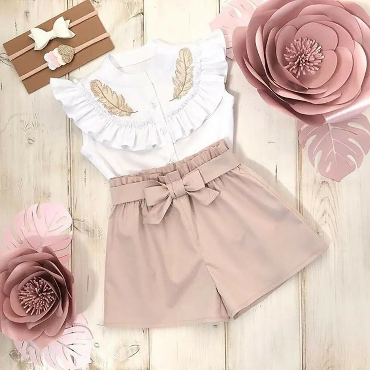 Summer Kid Baby Girls Feather Clothes Sets Sleeveless Tops Bandage Shorts 2Pcs Outfits Fashion Clothing 2-6Years