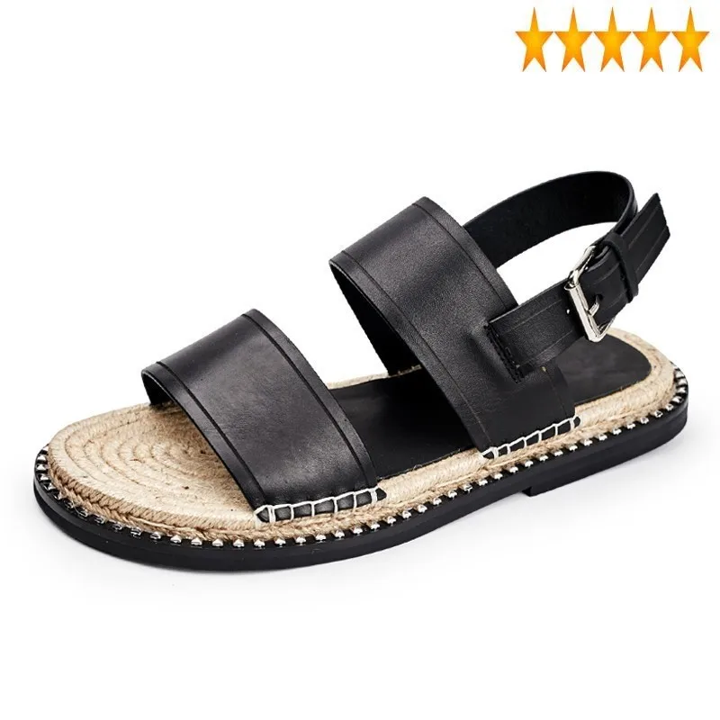 

Platform Men Black Summer Genuine Leather Gladiator Casual Flat Open Toe Buckle Outside Beach Shoes Roman Sandals