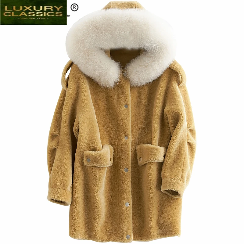 

Coat Real Wool Fur Female Natual Fox Fur Collar Hooded 2021 Sheep Shearing Coats Long Winter Jacket Women Hiver B18F23740