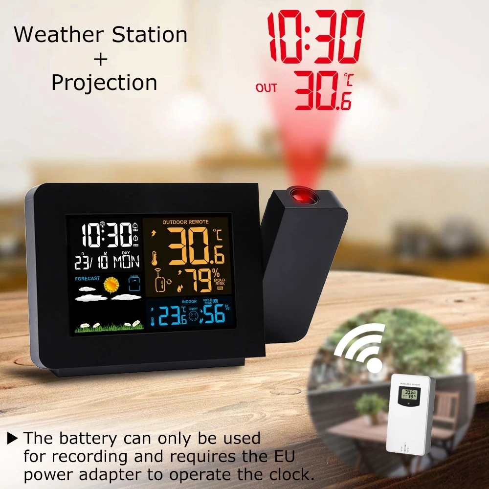 Wireless Weather Station with Projection  Wall Alarm Clock Digital Indoor Outdoor Thermometer Hygrometer Weather Forecast  Home