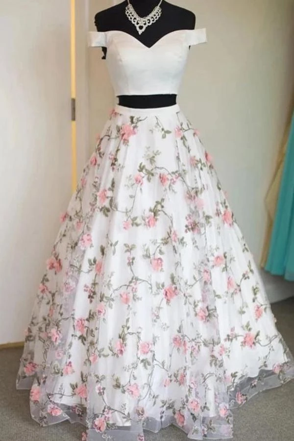 Floral Skirt Lace Prom Skirts Charming Long Graduation Gown White Satin Evening Skirt With Lace 3D Flowers Skirts Ever Pretty