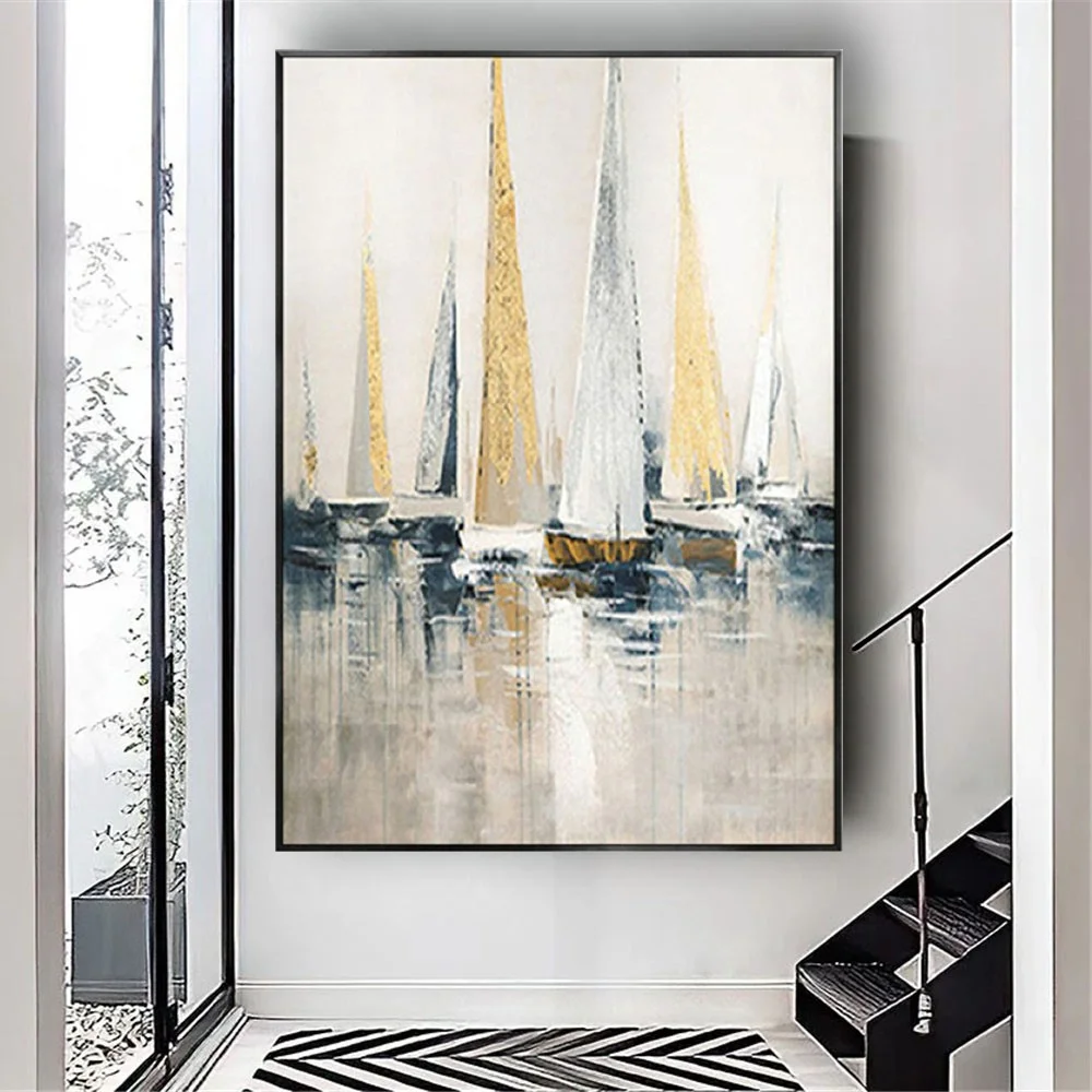 

Vintage Abstract Home Deco Panel Image 100% Handmade Canvas Oil Painting Sailboat Wall Art Picture For Living Room Decor Mural