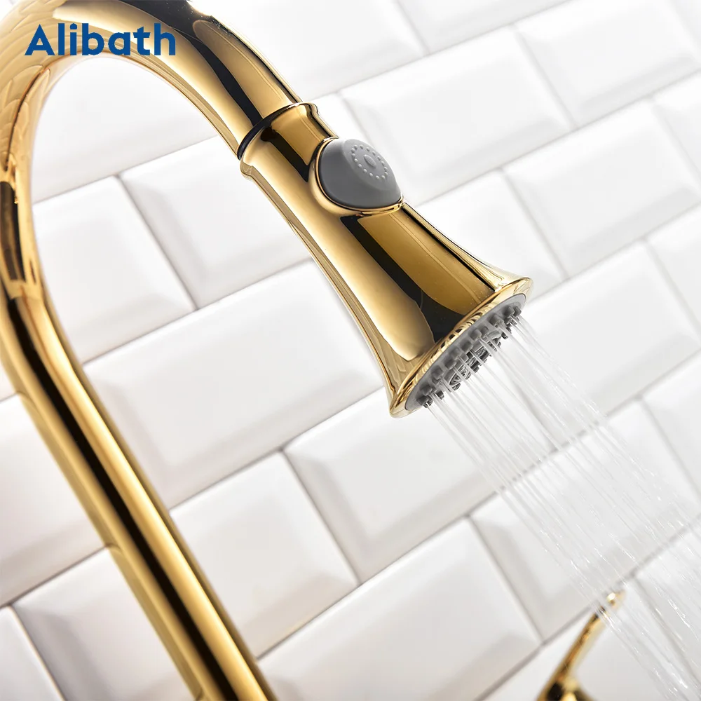 Kitchen Faucet Brass Gold Pull Out Kitchen Sink Water Tap Single Handle Mixer Tap 360 Rotation Kitchen Shower Faucet