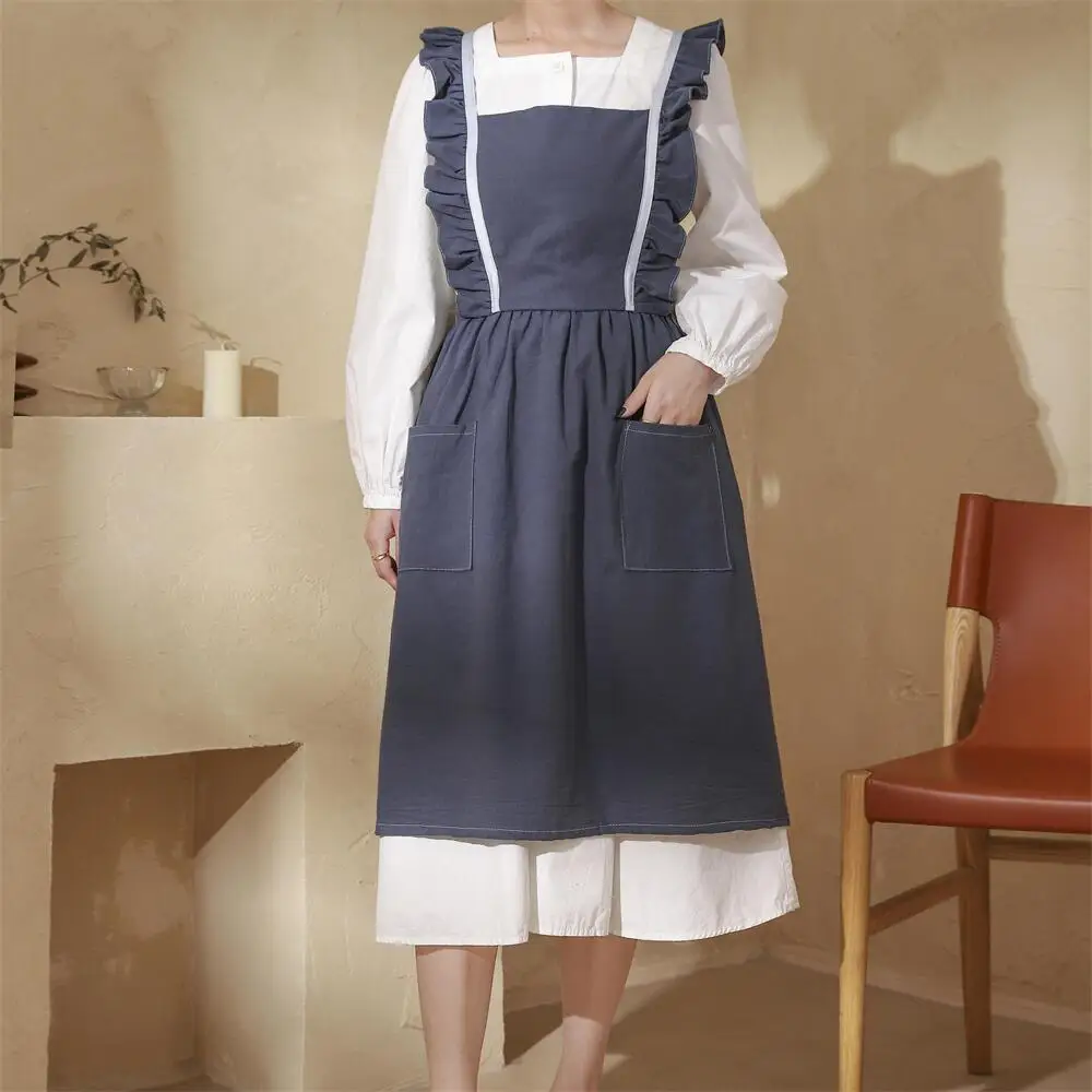 

New Washed Cotton Linen Kitchen Apron For Cooking Baking Flower Shop Ruffles Work Clean Apron for Woman Uniform Lady Dress