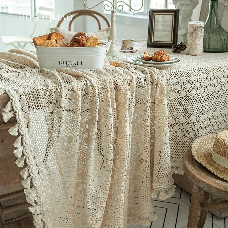 Vintage Lace Tablecloth American Country Style Simple Weaving Hollow Tablecloth Wedding Party Rectangular Coffee Table Cloth