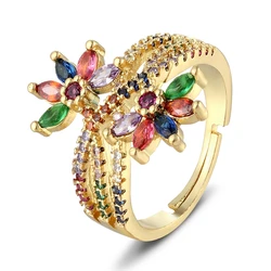 AIBEF Multi-layer Rainbow Flower Adjustable Rings Luxury Cubic Zirconia Crystal Opening Finger Rings For Women Jewelry Gift