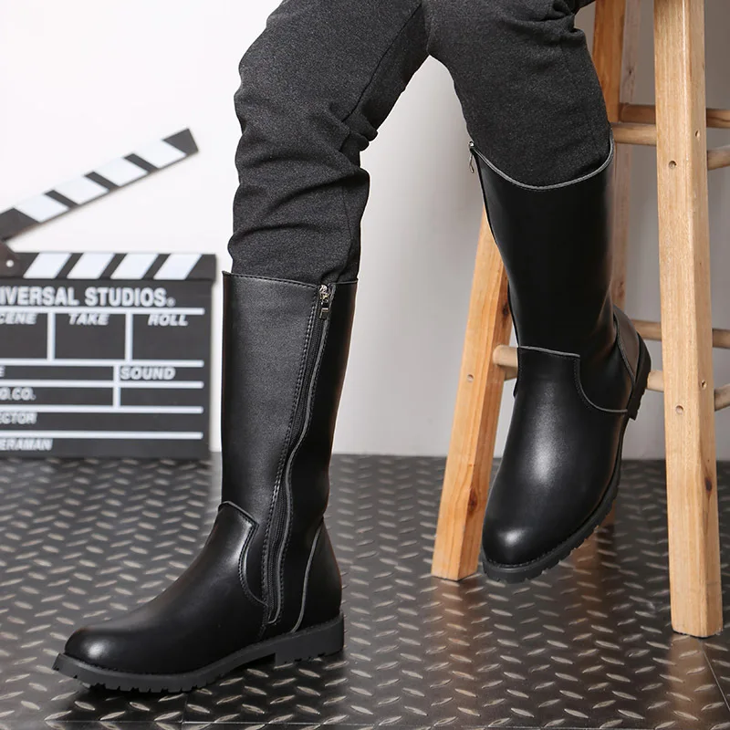 New Knee High Men Shoes Motocycle Army Boots Leather Equestrian High Help Takato Zipper Knight Boots