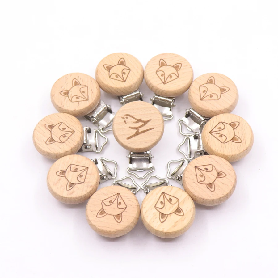 5Pcs Lovely Style New Fox Beech Wooden Clip Cartoon Animal Pattern Sucker Pacifier Chain for Baby Teether Dummy Clip