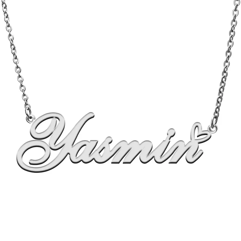 Yasmin Name with Love Heart Necklace for Women Stainless Steel Jewelry Nameplate Pendant Femme Mother Child Girls Gift