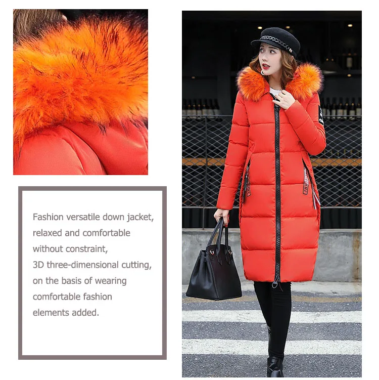 2025 Women's Down Parkas Winter Jacket Big Fur Collar Thick Slim Coat Fashion Hooded Cotton Outerwear Long Winter Woman Coat