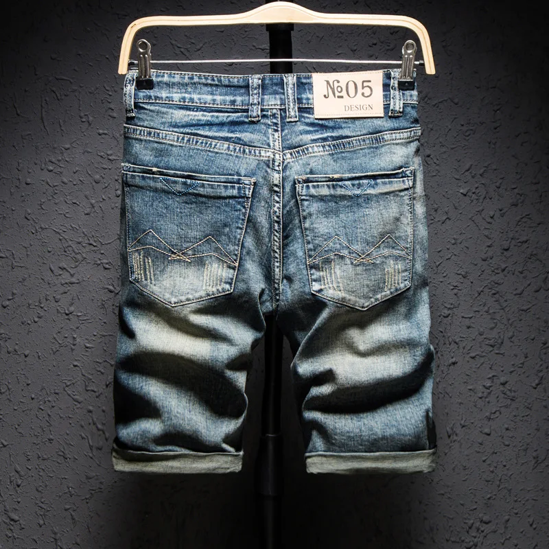 Classic Retro Distressed Men\'s Letter Printed Jeans Shorts Knee Length Straight Slim Frayed Trend Punk Male Denim Shorts