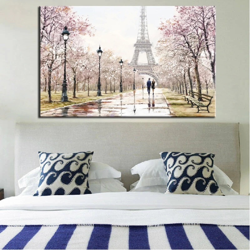 City Lovers Walking on The Street Paris Eiffel Tower Landscape HD Print Abstract Canvas Painting Wall Art Living Room Home Decor