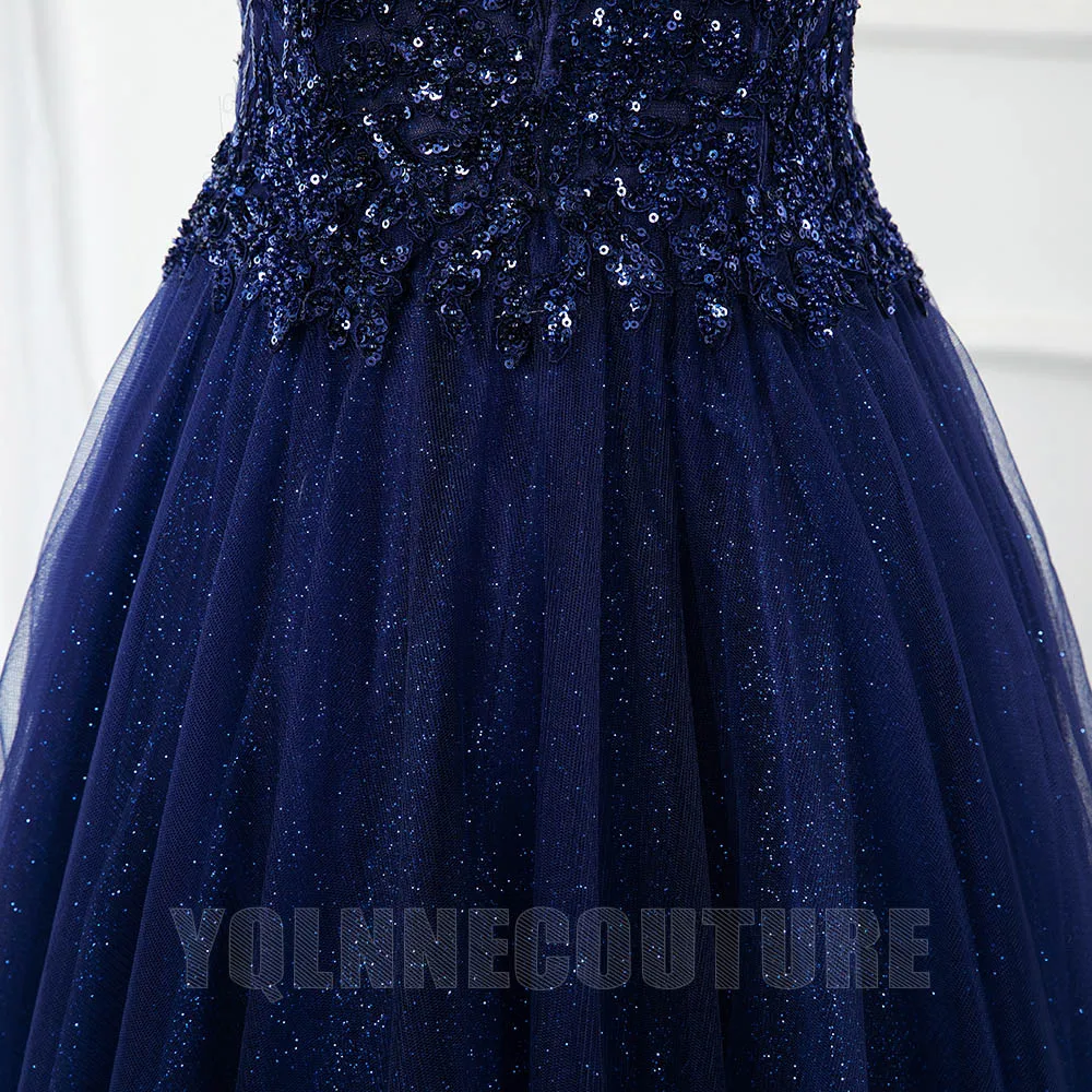 YQLNNE Navy Blue Long Prom Dresses Off the Shoulder Appliques Beads Sexy Party Dress Glitter Tulle Lace Up Back Evening Gown