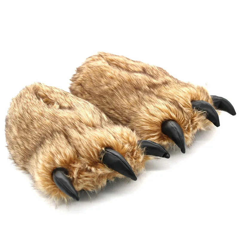 Black furry fur slippers men unisex chunky bigfoot shoes 2024 creative slip on bear paw slippers couples plush indoor shoes