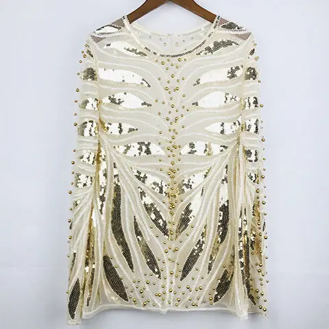 Luxury Perspective Gold Sequined Chiffon Blouses Lace Pearls Beaded Pullover Mesh Spliced T-shirt Sequins Long Sleeve Tees Tops