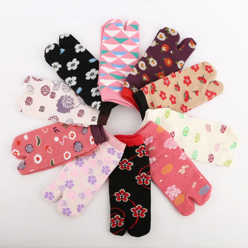 floral print cotton two toe socks couple split toe socks Japan two finger socks tabi socks