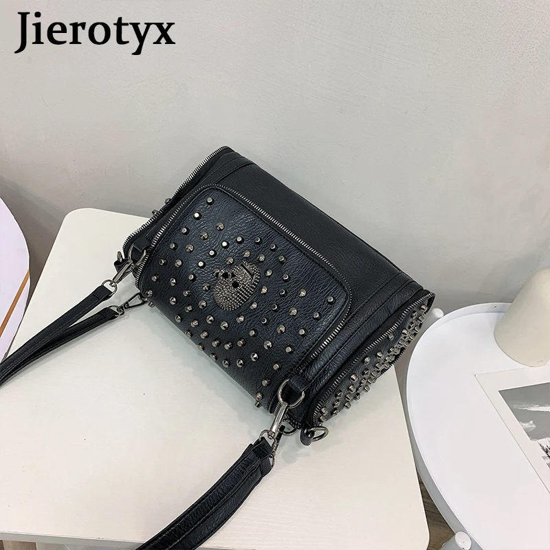 JIEROTYX Sexy Rivet Shoulder Bags Female Luxury Designer Punk Skull Gothic Style Womens Handbags Large Capacity Messenger Bags