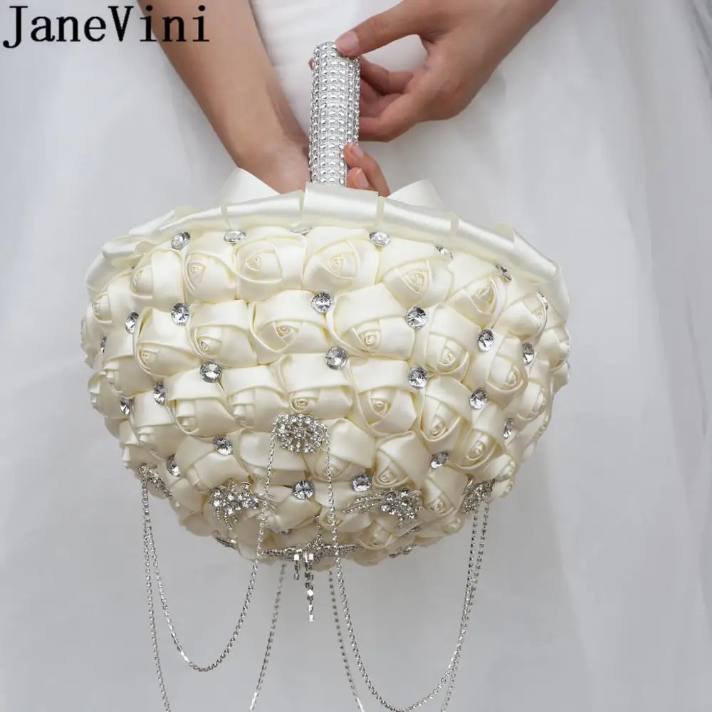 JaneVini 30 ซม.Rhinestone เจ้าสาว Bouquet Bouquet Ivory Handmade คริสตัลงานแต่งงาน Boeket ช่อซาติน Rose wesele