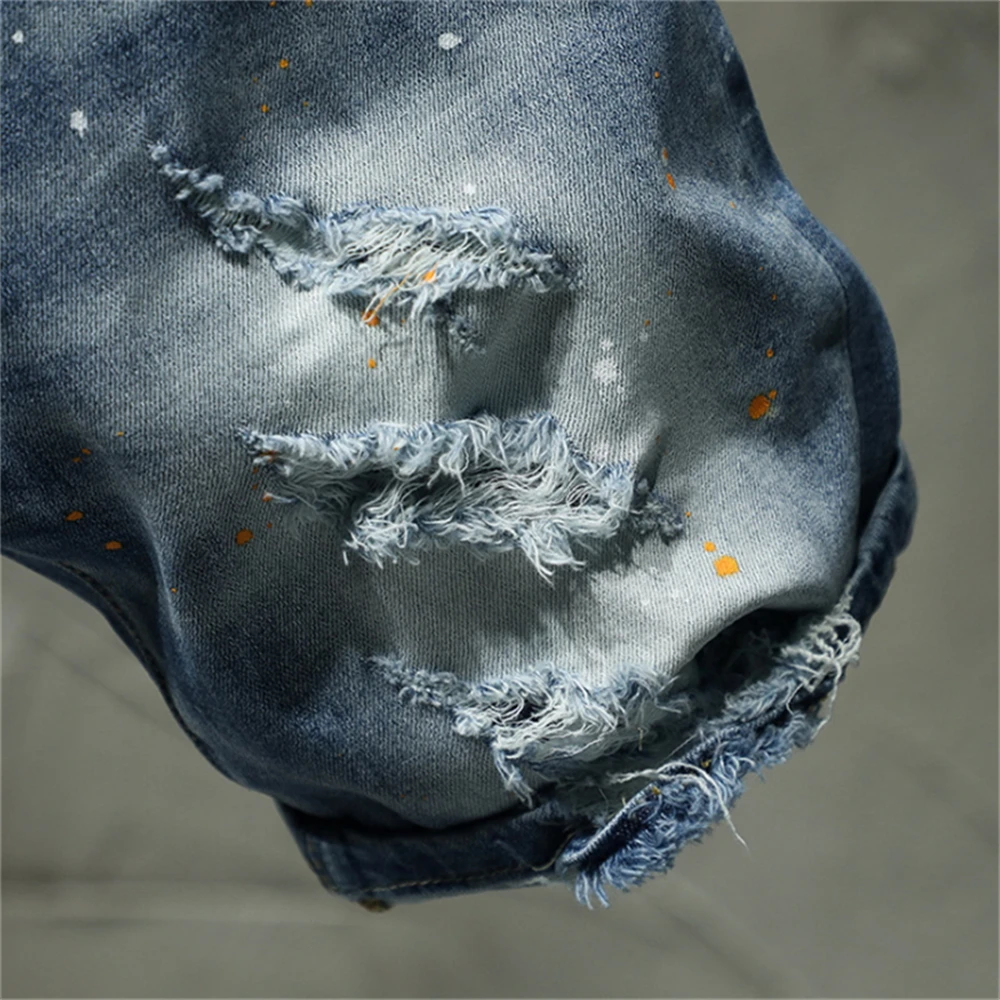 EH·MD®Scratch Denim Shorts Men's Hole Five-Point Pants Pure Cotton Slim Retro Spray Paint White 2020 New Breathable Soft Stretch