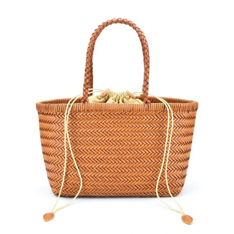 Women\'s Genuine Leather Woven vegetable basket Shoulder Bag with Casual Woven Inside Bag Vintage Shopping Bag Cowhide Tote Bag