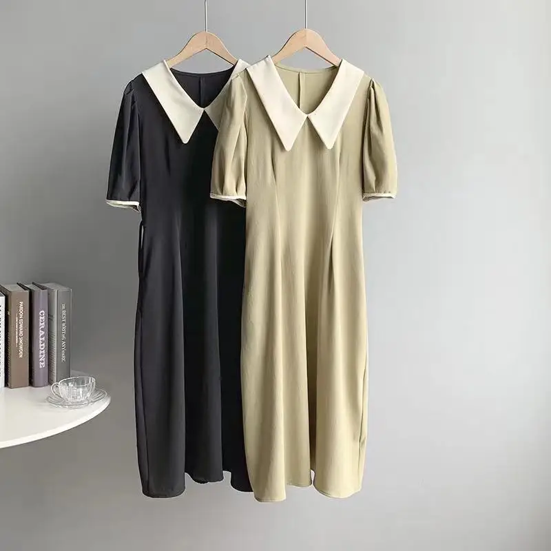 Women Summer Elegant Hepburn Midi Dress Sashes A-Line Design Lady Casual Polo Chiffon Vestidos  Mujer Color Matching Dresses