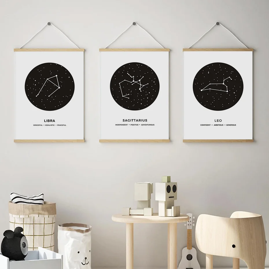 Constellation Celestial Zodiac Sign Nursery Decor Canvas Painting Black White Wall Art Poster Print Picture Kids Room Home Decor