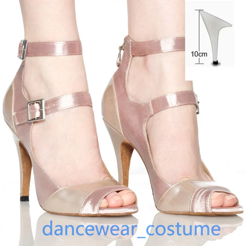Scarpe da ballo salsa tango latino in raso da donna Scarpe da donna per ragazze Beige Rumba Jazz Sandali con tacco alto con suola in morbida pelle scamosciata US5-9