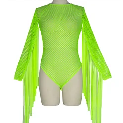 Sexy Tassel Bodysuit Fluorescent Green Grid Gogo Dj Costume Stage Jazz Dance Costumes Female Nightclub Festival Outfit DQS3856
