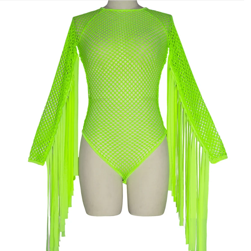 Sexy body z frędzlami fluorescencyjny zielony siatka Gogo Dj kostium etap kostiumy do tańca jazzowego kobiet klub nocny festiwal strój DQS3856