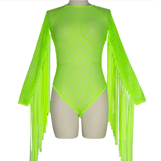 Sexy body z frędzlami fluorescencyjny zielony siatka Gogo Dj kostium etap kostiumy do tańca jazzowego kobiet klub nocny festiwal strój DQS3856